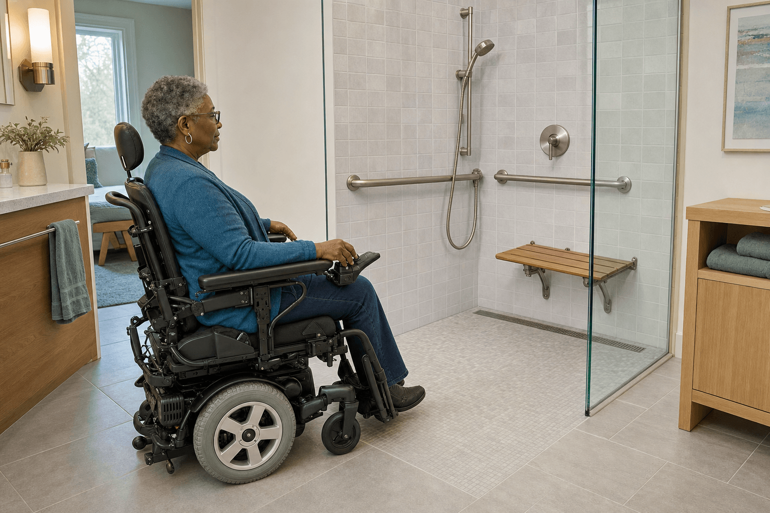 Powered-wheelchair user approaching a curbless roll-in shower with a folding seat, grab bars, and handheld shower