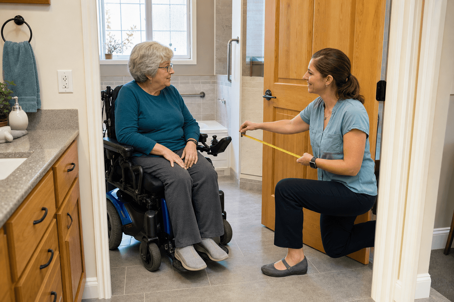 An occupational therapist measuring reach and transfer space with an older powered-wheelchair user in an American home bathroom
