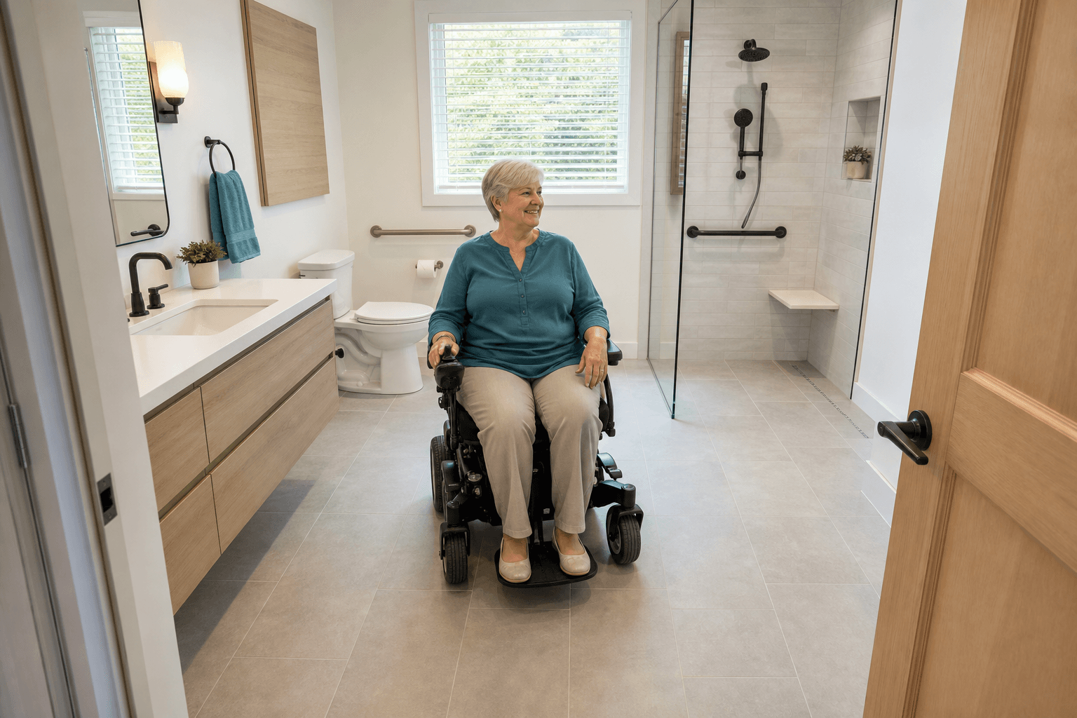 Older American woman turning a powered wheelchair inside a spacious accessible residential bathroom