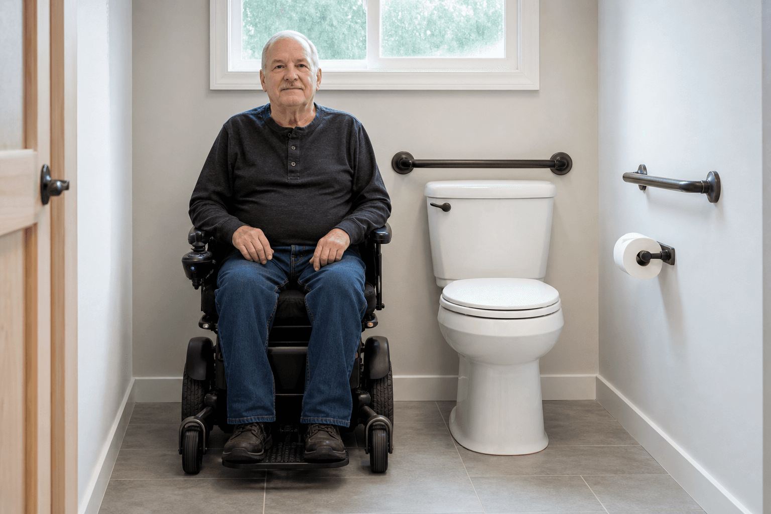 Wheelchair-accessible toilet transfer zone in a realistic American residential bathroom with correctly positioned grab bars