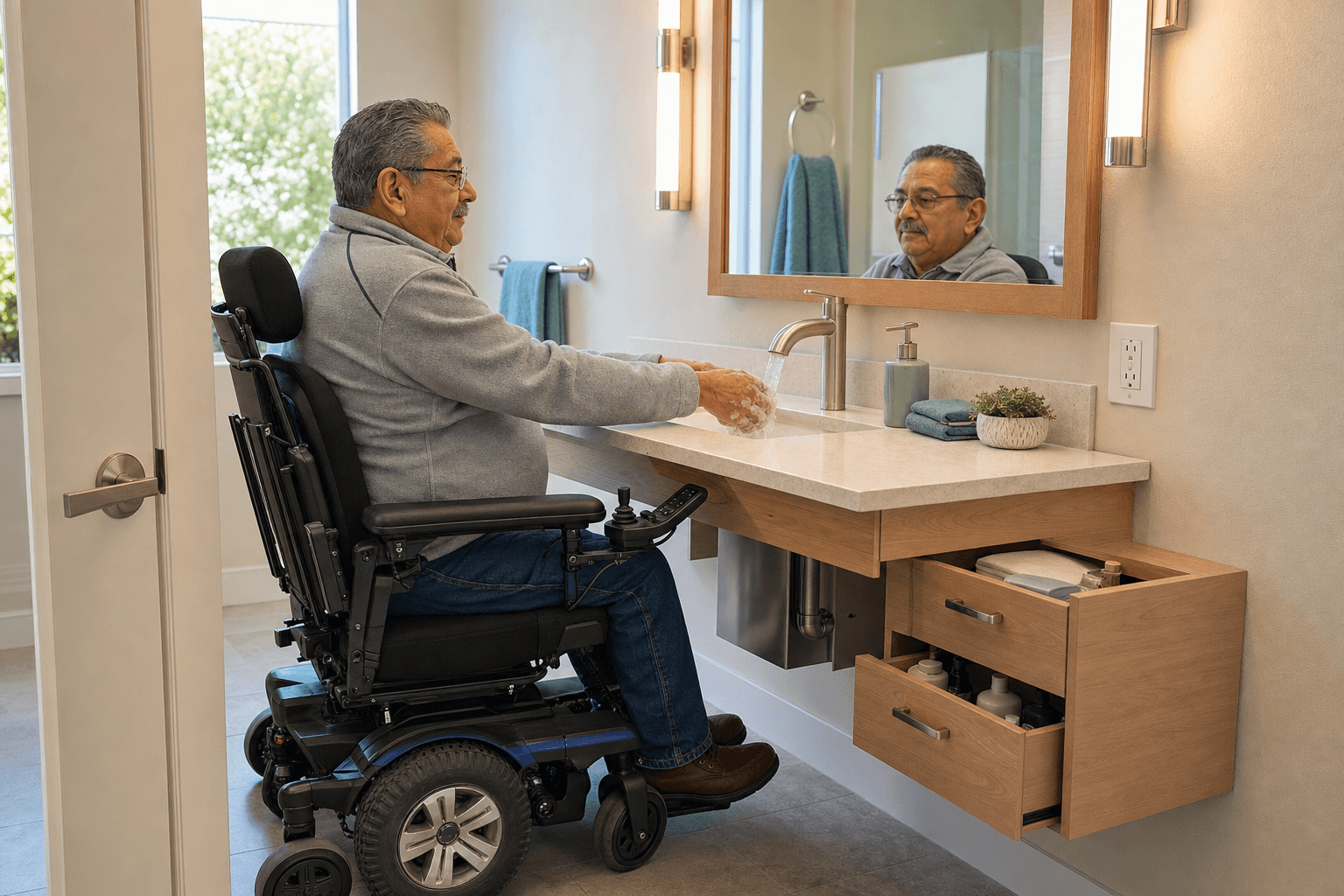 Older powered-wheelchair user washing hands at an accessible vanity in a warm American home bathroom